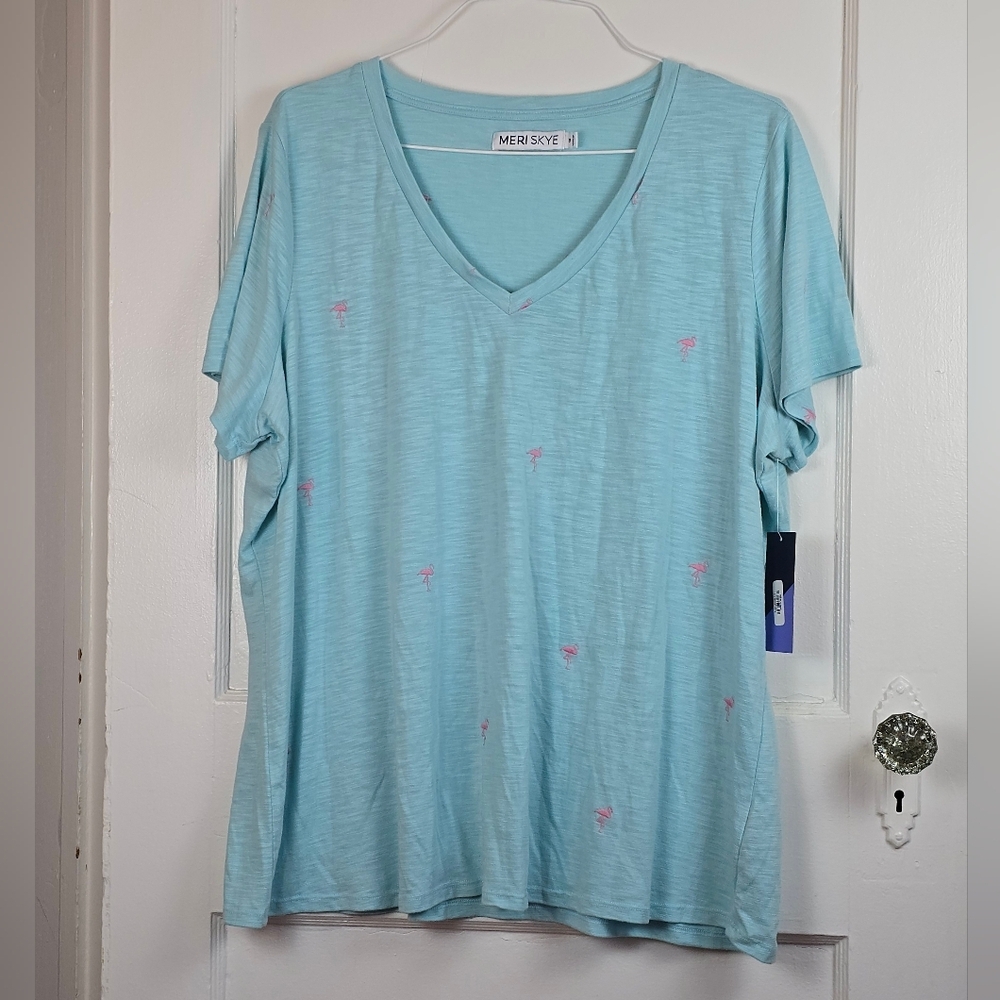 NWT Meri Skye Pale Blue Embroidered Pink Flamingo T Plus Size 1X